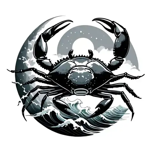 Crab Cancer Zodiac Sign With Moon Sky And Crashing Waves And Glyph And Cancer Words