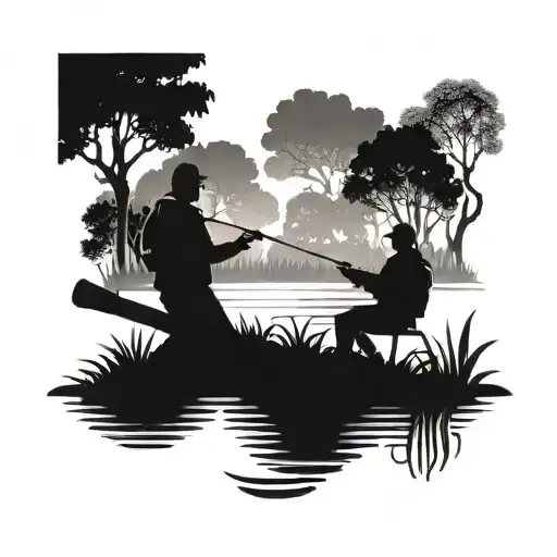 2 Silhouettes Fishing With A Lake And Forest In Back