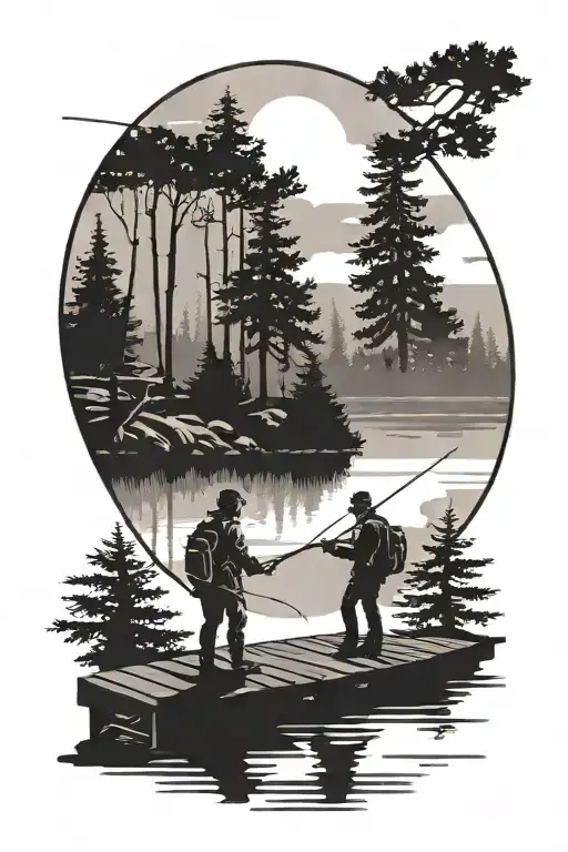 2 Silhouettes On A Dock Fishing With A Lake And Pine Trees In The Background