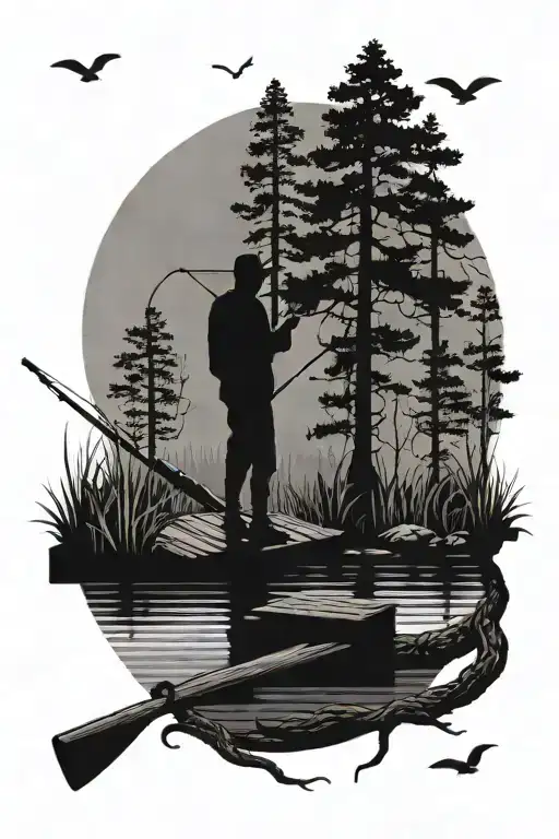 2 Silhouettes On A Dock Fishing With A Lake And Pine Trees In The Background With Animals