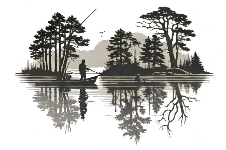 2 Silhouettes On A Dock Fishing With A Lake And Pine Trees In The Background With Animals