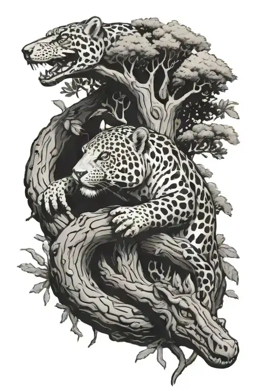 Jaguar In A Tree With An Alligator In Swamp
