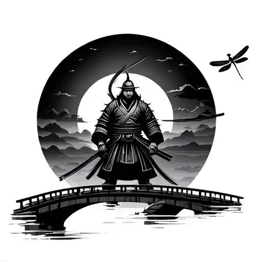 Samurai Standing Over Bridge With Dragonfly Background