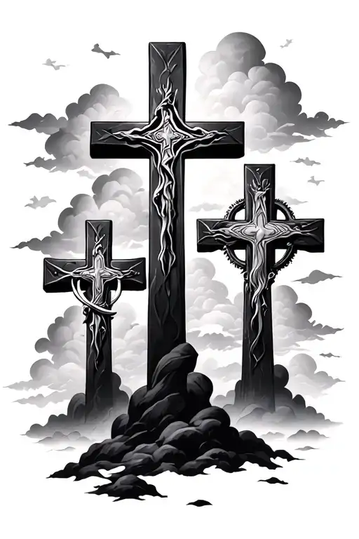 Three Christian Crosses With Cloudy Sky