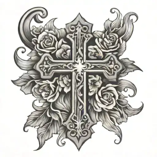 Fine Line Cross With Flowers Vining Up It