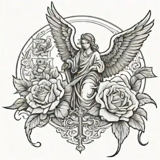 Walking Into Heaven Tattoo With Roses Anda Bird At The Bottom And Angel Praying At The Top