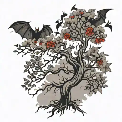 Red Poison Tree With Black Bats Flying Around