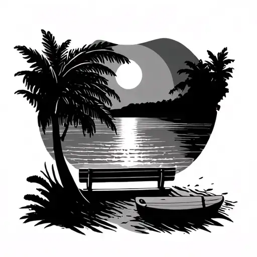 Beach Sunset And River Waves And Bench On The Beach With Tree And Apaddle