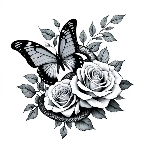 Butterfly Snake And Roses Intertwined