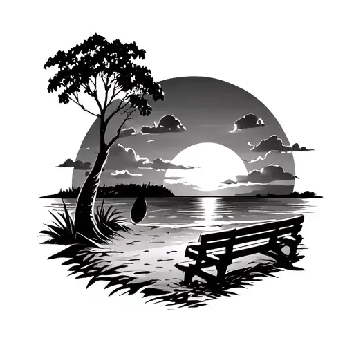 Beach Sunset By River With Bench On The Right Side Of The Beach With Tree With Paddle Shape Carved