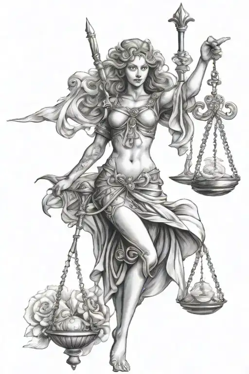 An Intricate Tattoo Of A Sexy Lady Justice As An Aquarius With Elements Of Guns And Hourglasses
