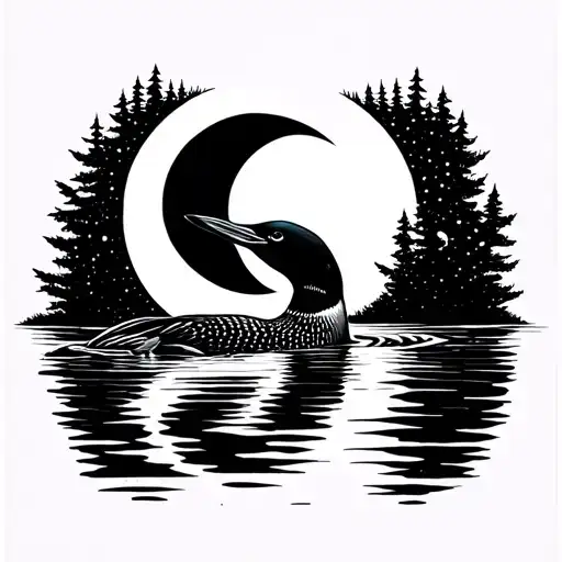 Canadian Loon Swimming Under Crescent Moon