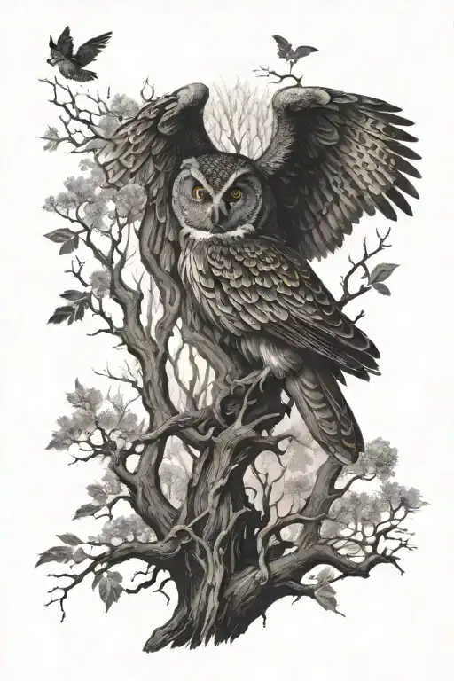 Dead Forest With Owl Spfeading Its Wings Above The Trees