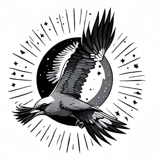 Bird Flying Towards The Sun Moon Stars