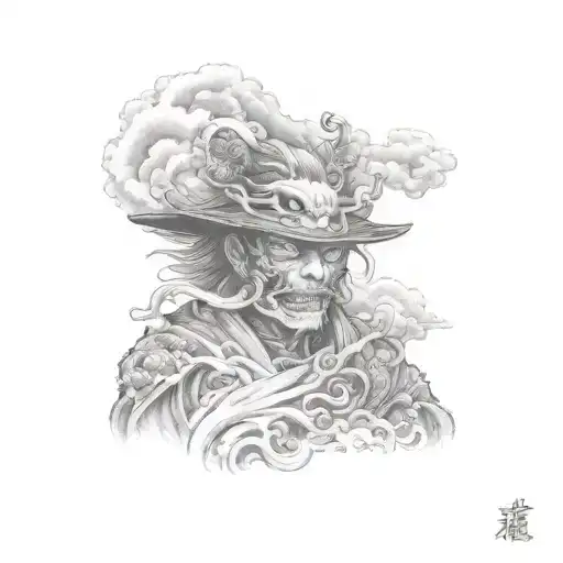 A Traditional Japanese Shinigami Figure Surrounded By Swirling Dark Clouds