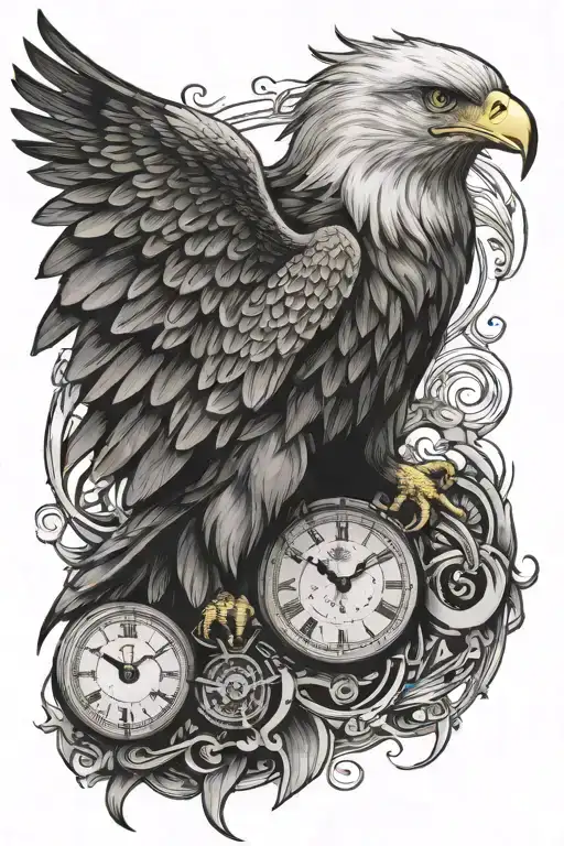 Half Head Eagle Facing With Clock Mechanism Intertwined