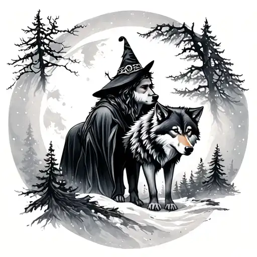 Nordic Trees And Witchy Man And Moon With Wolf