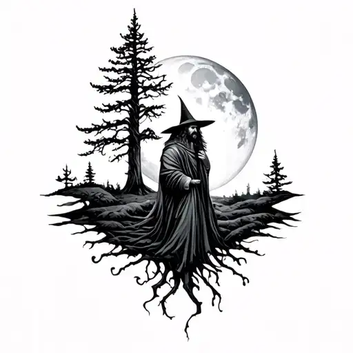 Nordic Trees And Witchy Man And Moon