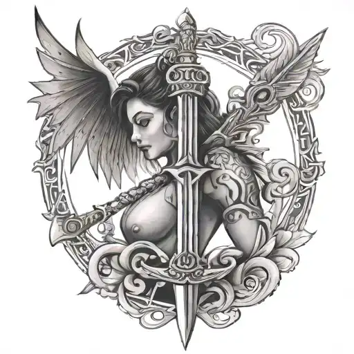 Sword Wings And Rudra Written In The Tattoo On Neck Side Down The Right Earlobe