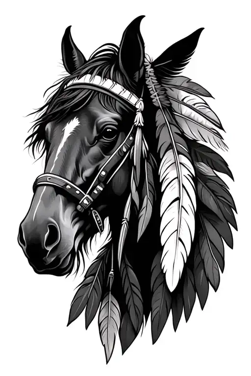 Native American Horse Head With Feathers
