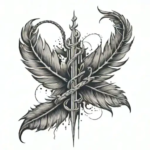 A Spine Tattoo That Goes Up And Down With Barbed Wire Leaves And A Feather