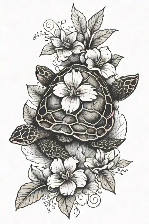 Baby Turtle With Pink And Blue Flowers In Background