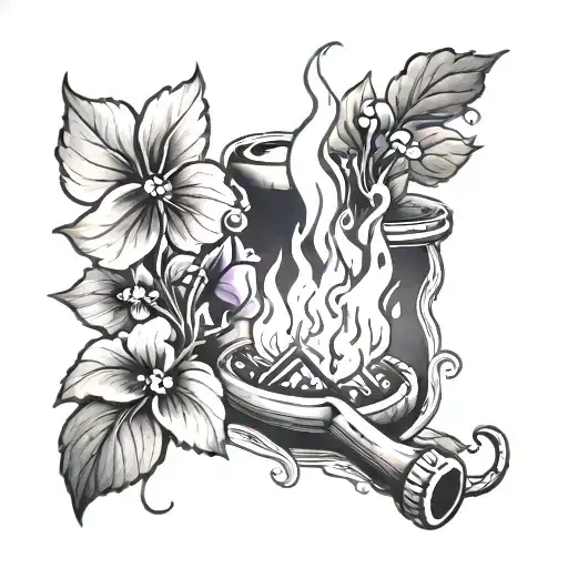 A Black And Grey Tattoo Of A Campfire With Flames Shaped Like Wild Violets