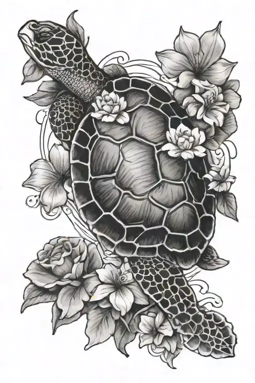 Baby Turtle With Asian Flowers In Background