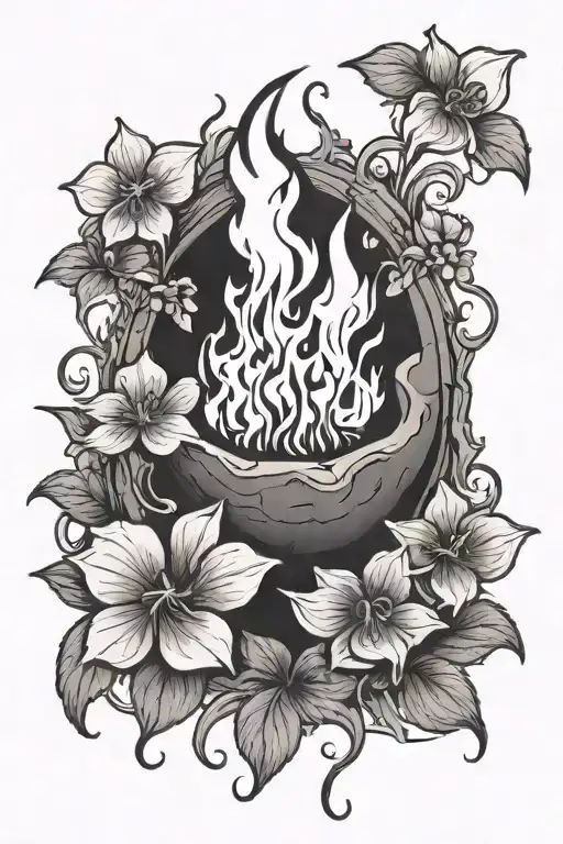 A Black And Grey Tattoo Of A Campfire With Flames Shaped Like Wild Violets