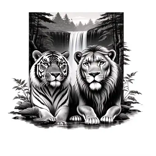 Realistic Tiger And Lion In A Friendly Pose In Japanese Forest In Front Of A Waterfall