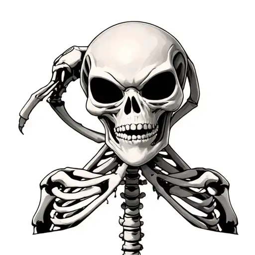 Upper Body Of A Skeleton Holding The Severed Head Of An Alien