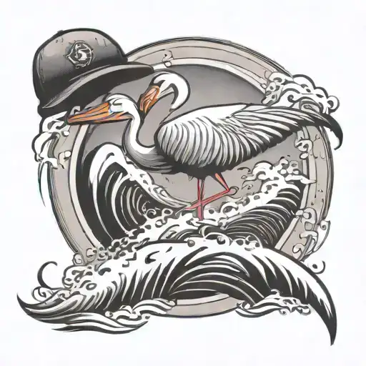 A Flamingo Surfing A Wave Wearing A Air Force Hat