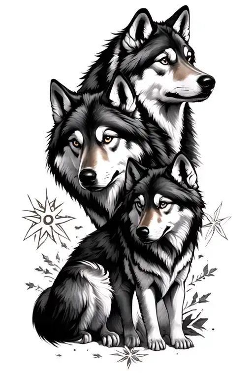 Tattoo Two Adult Wolves Who Look At The Wolfskinder -A Star As A Souvenir Of Mother -A Cross