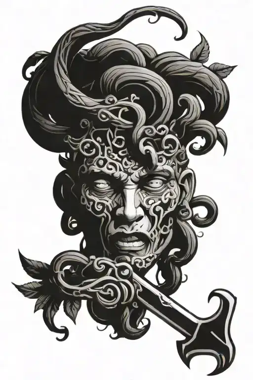 A Medusa Head As The Handle Of Sword With Vines Going Off The Handle