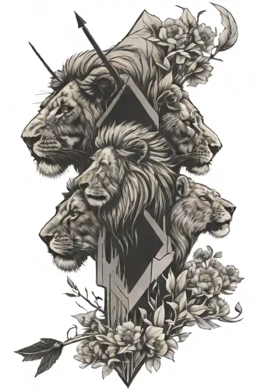 Arrow Separating Lion And Lioness Surrounded By Dandelions