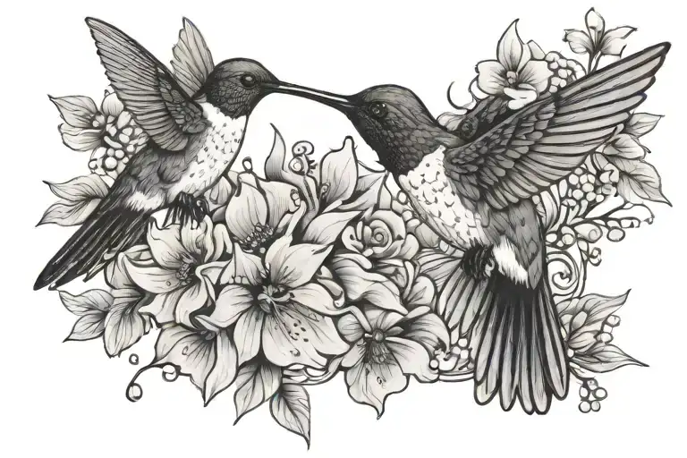 A Hummingbird Hovering Around A Bunch Of Flowers And Leaves With Pearls Surrounding
