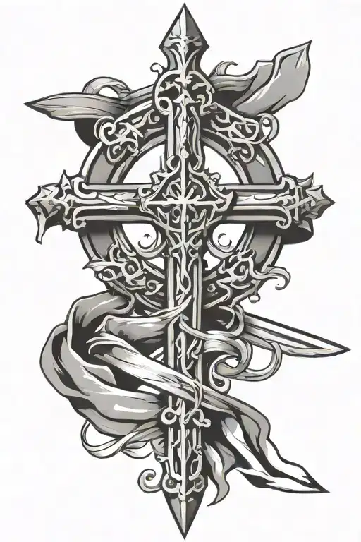 Cross In Sword With Simple Banner Wrap