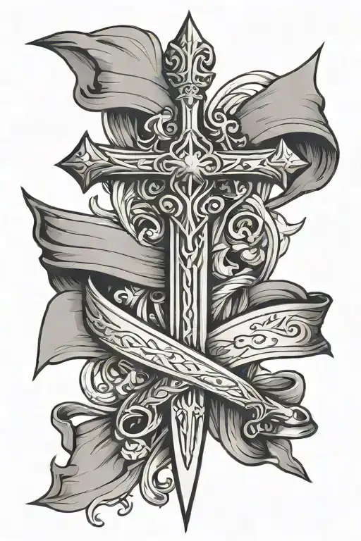 Cross In Sword With Simple Banner Wrap
