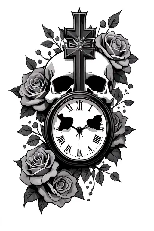 Cross Scull Roses And Clock With Rest In Peace