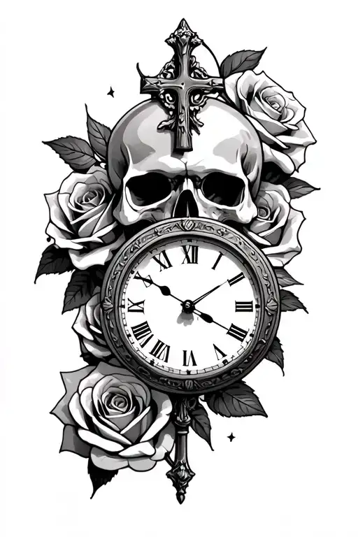 Cross Scull Roses And Clock With Rest In Peace