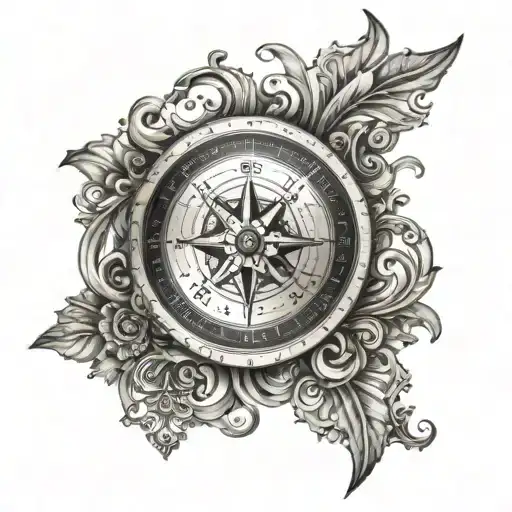 A Black And Grey Compass Intertwined With Delicate Filigree Patterns