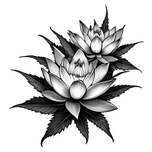 Flowers On The Black Background Of The Lotus Decorated With Marijuana