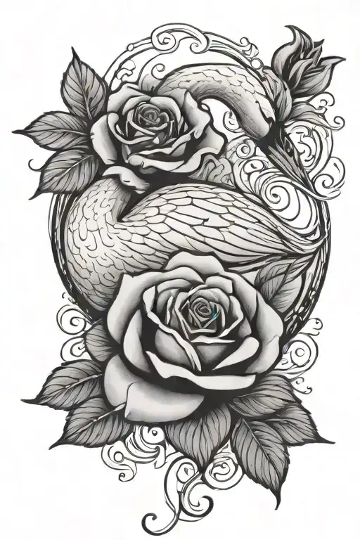 Swan With A Rose In Its Mouth And The Rose Peddles With A Hint Of Red