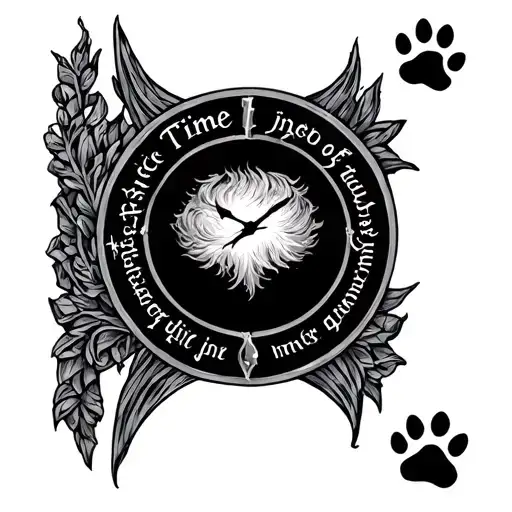 Gandolf Quote About Time In Elvish In A Circle Pattern With 2 Dog Paw Prints Adjacent