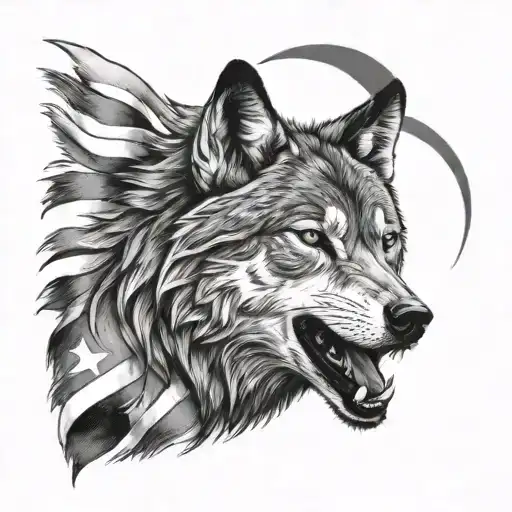 A Howling Grey Wolf Under The Turkish Flag