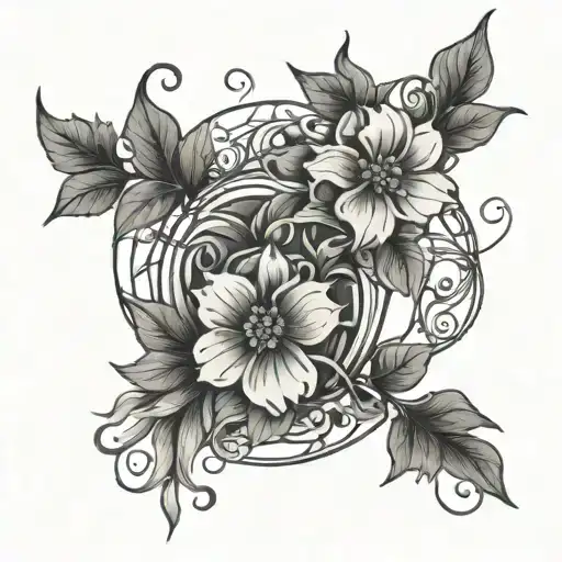 Circular Flowers On A Vine With Thin Lines