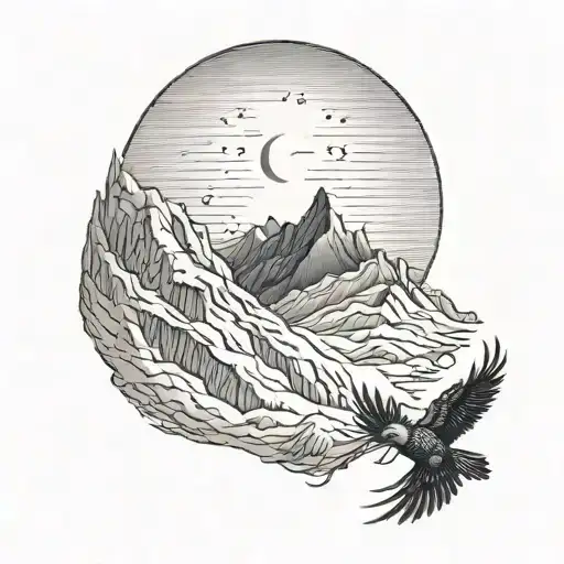 Waning Crescent Moon And Mountains And Bearded Vulture