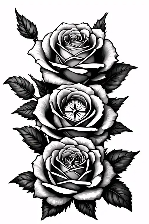 2 Roses With Compass In The Middle Fineline Design Just Outlines