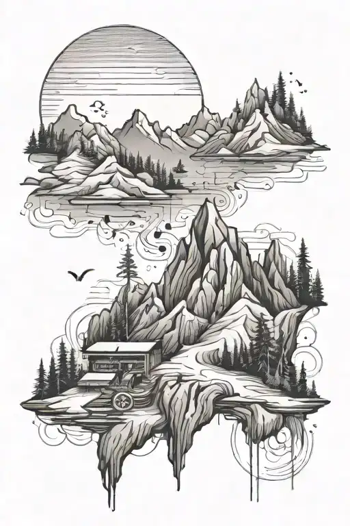 A Mountain Landscape With A Hidden Music Theme Integrated Into The Design