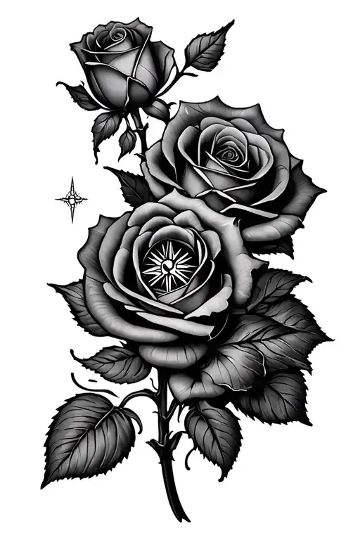 2 Roses With Compass In The Middle Fineline Design Just Outlines